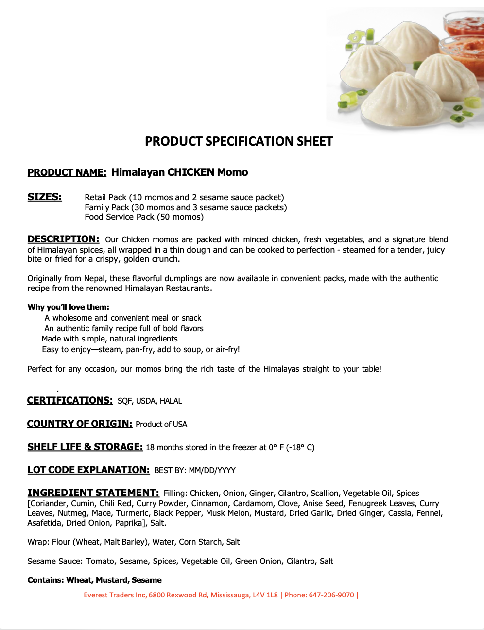 PRODUCT SPEC SHEET Chicken Momo General